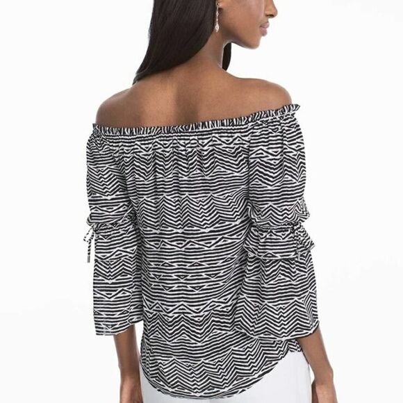 WHBM shadow stripes off shoulder bell sleeve top - Picture 3 of 14